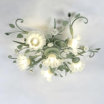 KISAD Green Milk Glass Semi Flush Mount Ceiling Light Floral Shade Vintage French Country Farmhouse Ceiling Lamp Modern Ceiling Lighting Fixture for Bedroom Kitchen Bathroom6 Lights