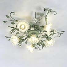 KISAD Green Milk Glass Semi Flush Mount Ceiling Light Floral Shade Vintage French Country Farmhouse Ceiling Lamp Modern Ceiling Lighting Fixture for Bedroom Kitchen Bathroom6 Lights