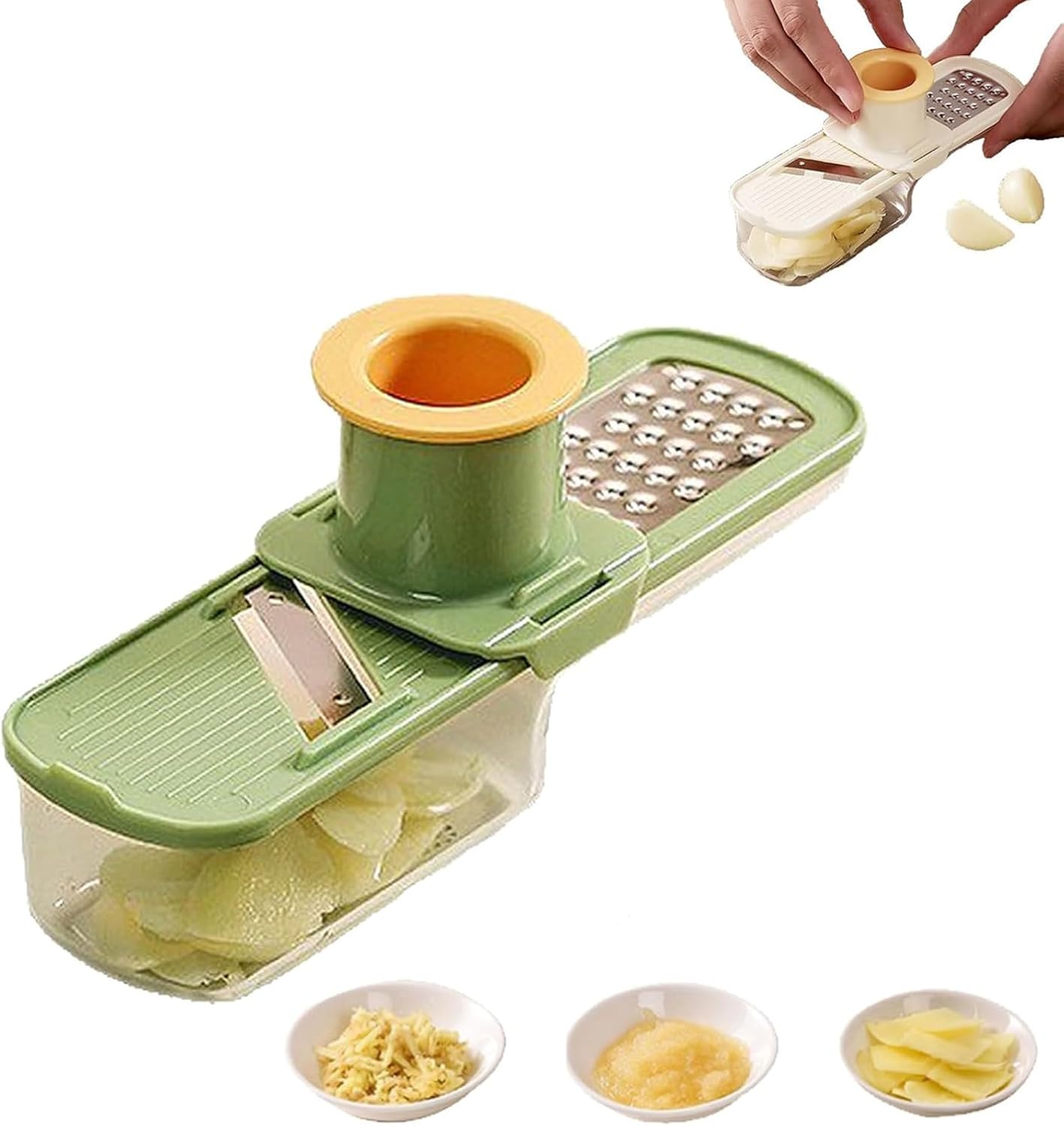ANIS・KEBBR 3-in-1 Stainless Steel Garlic Grinder Slicer Shredder Easy Clean Safe Kitchen Food Cutter with Hand Guard