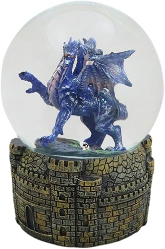 Ebros Gift Fantasy Legends - Figura de globo de agua con purpurina de dragón de medianoche azul de 3.93 pulgadas con base de torre de castillo