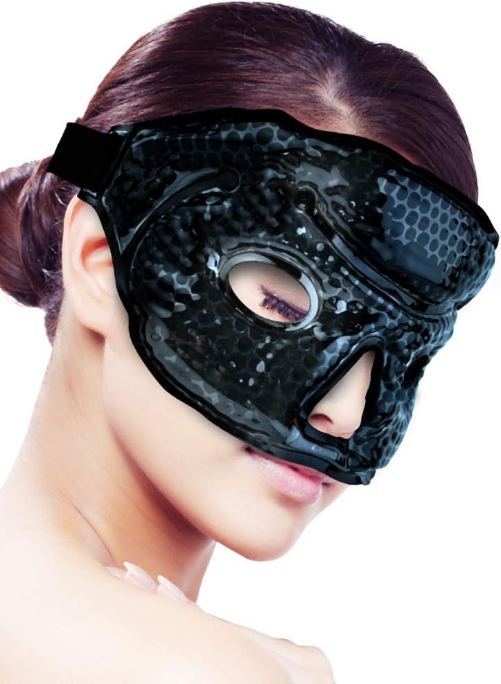 Ice Face/Eye Mask for Woman Man, Hot/Cold Reusable Gel Beads ice Mask with Soft Plush Backing,Hot Cold Therapy for Facial Pain,Sleeping,Swelling,Migraines, Headaches,Stress Relief[Black]