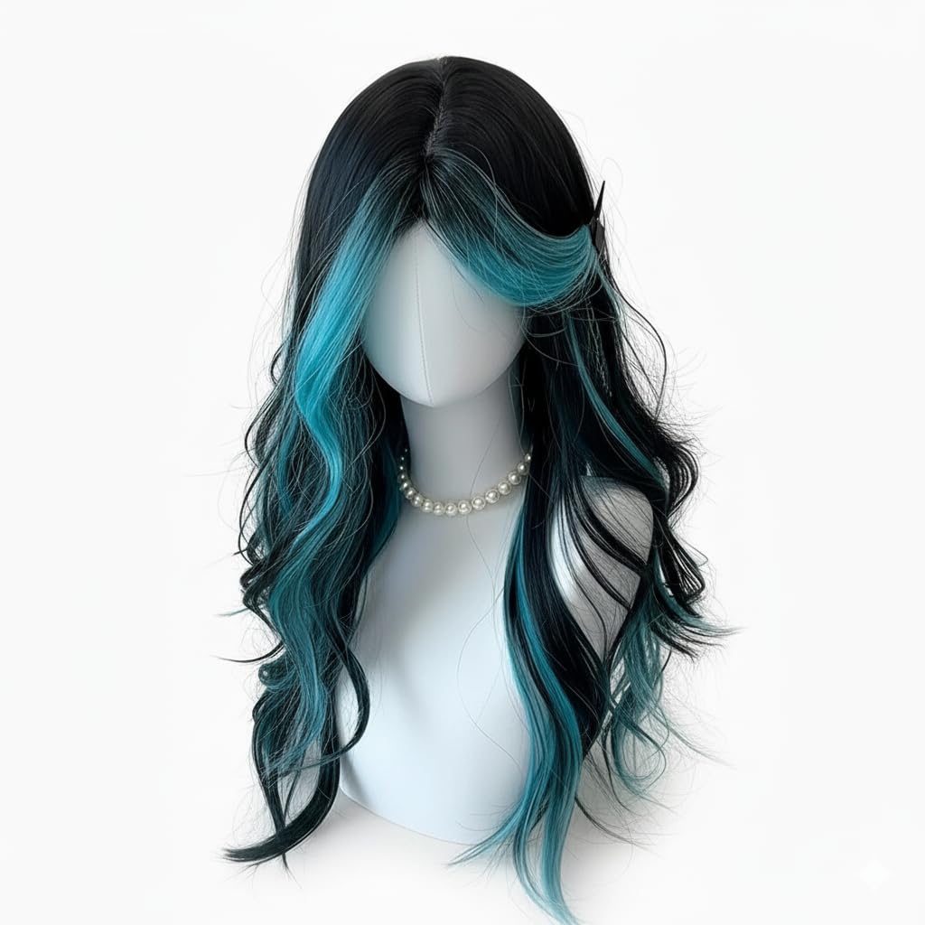 Natural Black Blue Highlight Long Wavy Wig with Bangs & Middle Part, Heat Resistant Synthetic Cosplay Wig for Women, Ideal for Daily Wear Festivals & Parties
