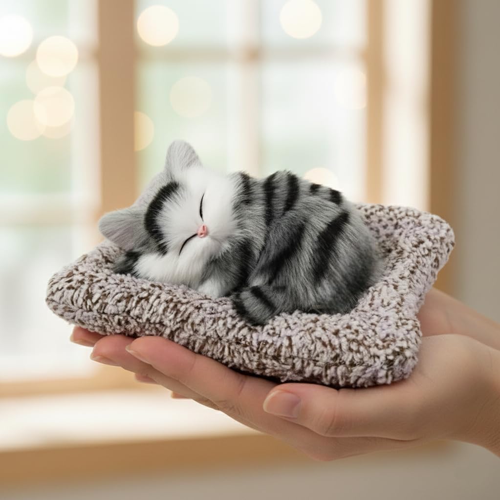 Mrida Creations Cute Sleeping Cat on Carpet Silicone Animal Toy for Meow Sound, Gift for Kids Car Dashboard Accessories-image-30