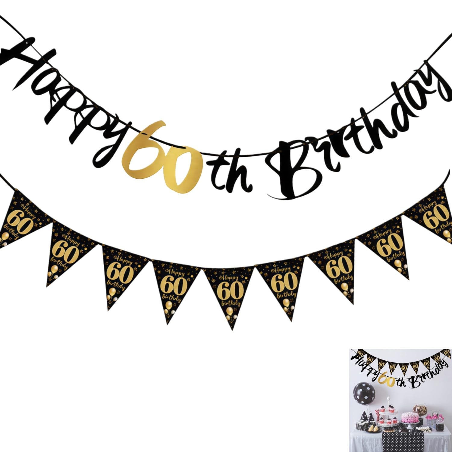 2 Stück 60. Geburtstag Deko Banner Set,Schwarz Gold Geburtst