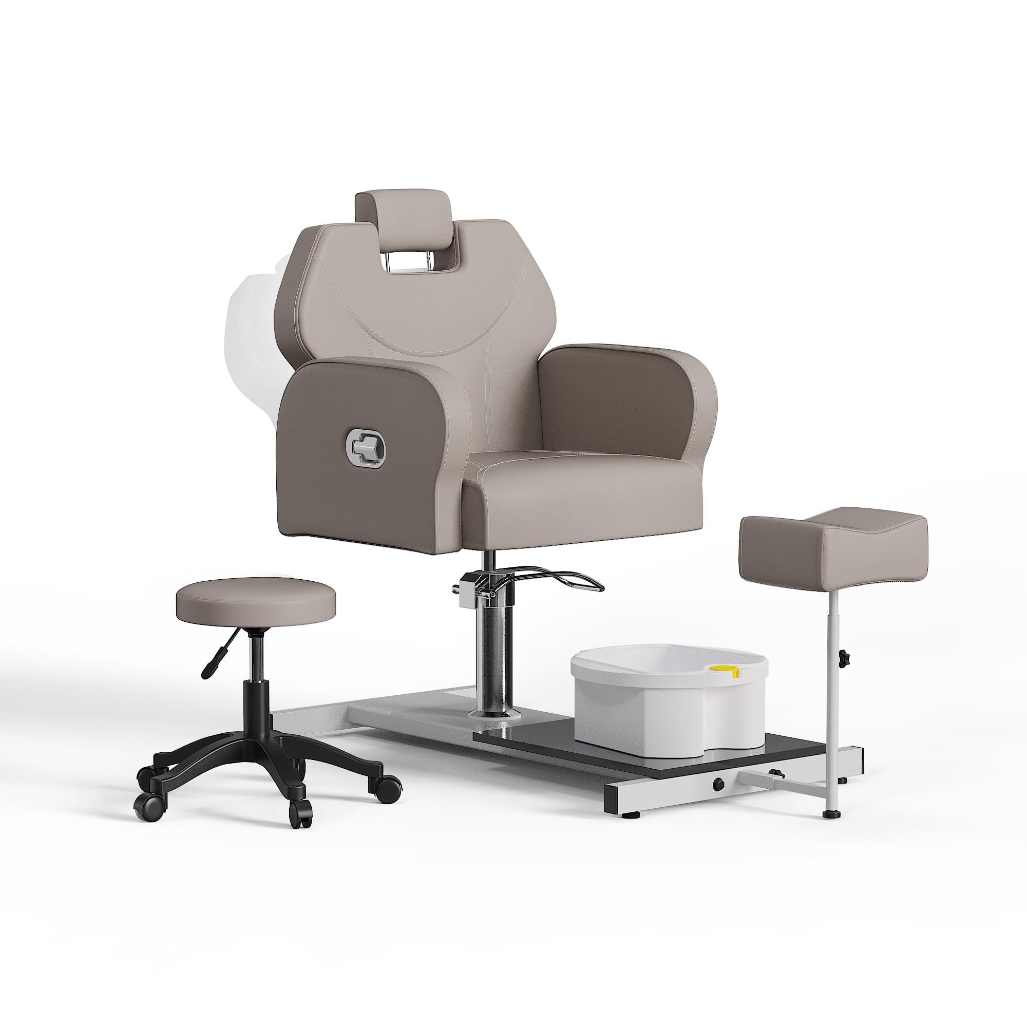 No Plumbing Pedicure Chair with Rolling Salon Stool, Reclining Pedicure Station with Heavy Duty Hydraulic, Massage Foot Bath,Footrest for Nail Tech, Grey