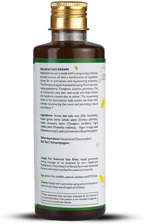 Kerala Ayurveda Balahatadi Keram - Pitta-Vata Balancing Scalp Massage Oil with Arrow-Leaf SIDA, Amla,Tinospora in Coconut Oil Base to Rejuvenate The Mind & Promote Natural restful Sleep, 6.8 Fl Oz