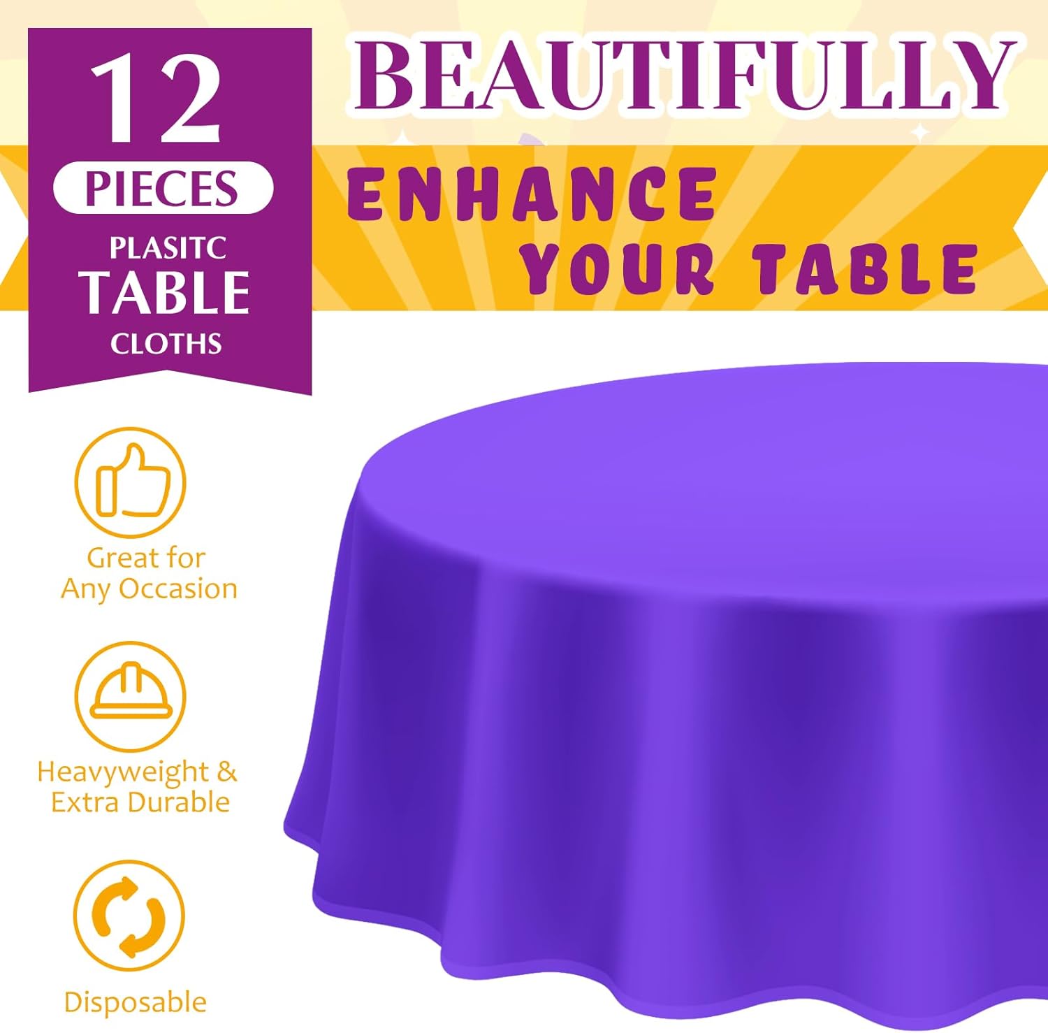 Amylove 12 Pcs Mardi Gras Plastic Round Tablecloth 84 Inch Disposable Plastic Table Cloth Green Yellow, Purple Table Cover Festival Party Favors