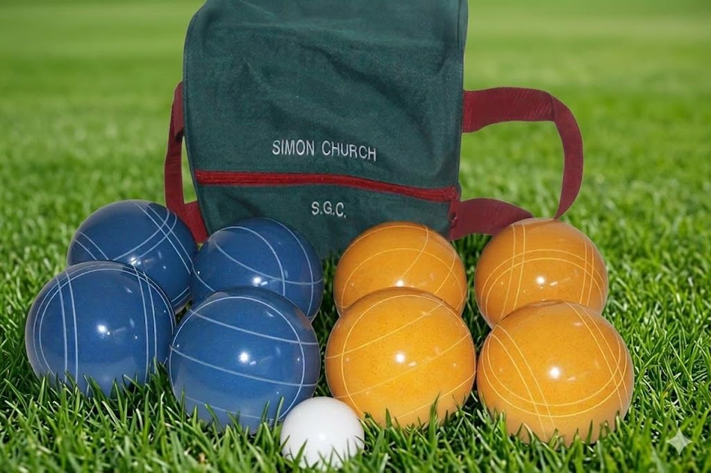 BuyBocceBalls Listing - Made in USA, Premium Quality Tournament Bocce Set - 110mm Blue and Gold Balls, Nylon Engraved Green Bag, 998 Grams (2 lbs. 3.2 oz.)