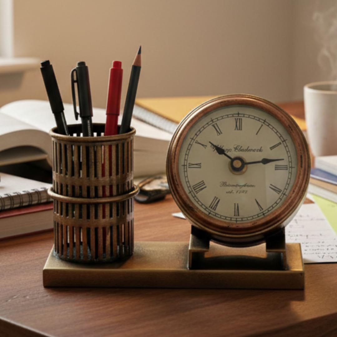 Metal Pen Stand and Table Clock | Vintage Study/Office Table Pen Stand and Card Holder | Desk Pen Stand with Vintage Clock for Home and Workspace | Desk Watch, Pen and Card Holder Stand