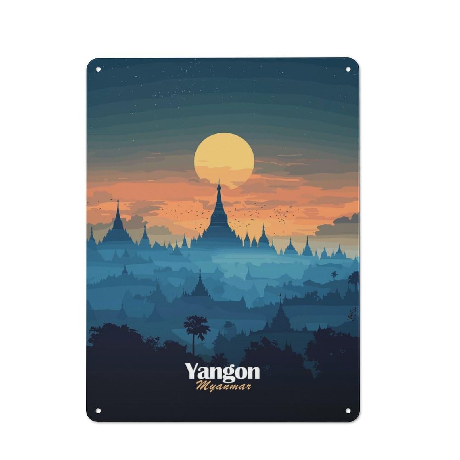 Junmoney Style-6 Vintage Tin Sign 40X30cm With Yangon Skyline Sunset For Man Cave Or Games Room, For Vintage Wall Decor Fans, For Metal Sign Collectors