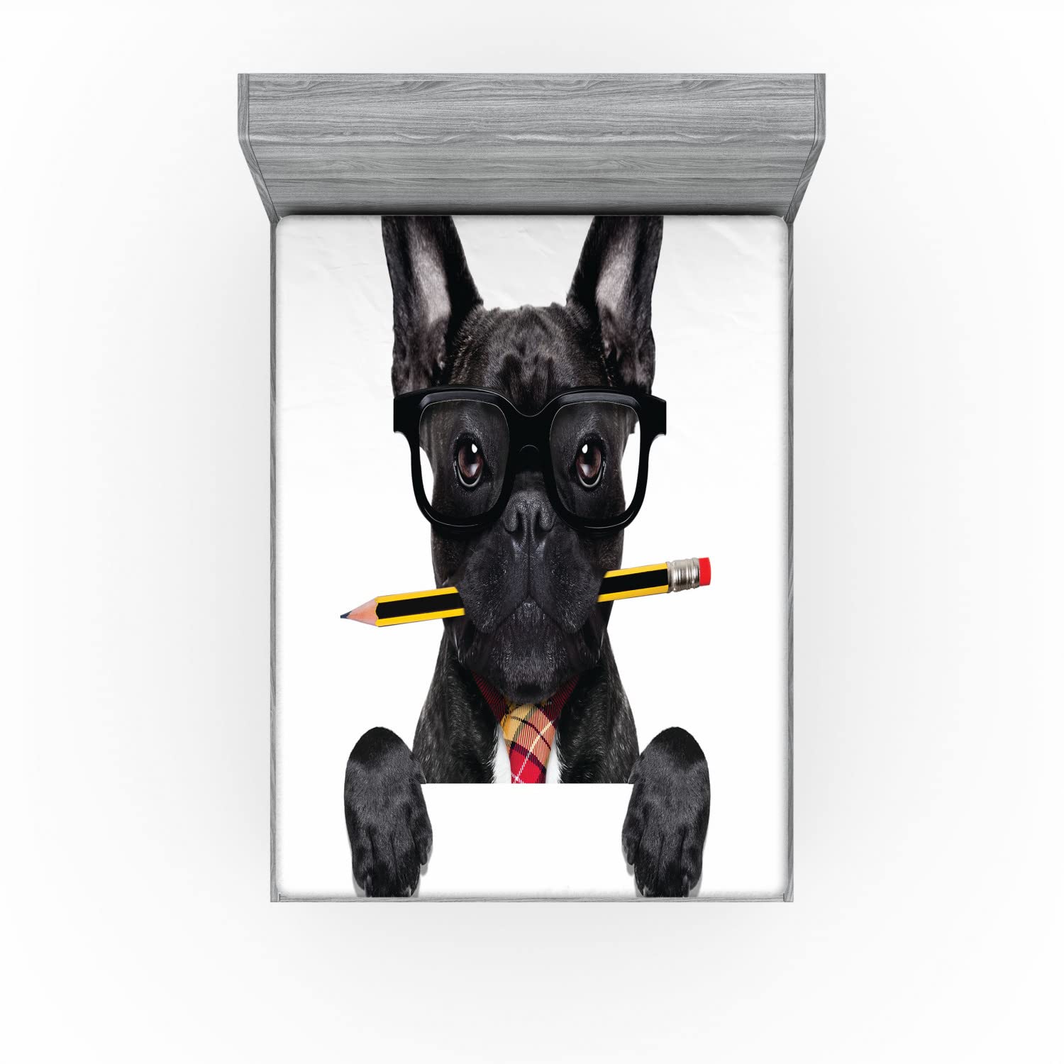 Ambesonne Bulldog Fitted Sheet Set, Businessman Black Dog with Glasses and Pencil in His Mouth Office Manager Boss, Decorative Bedding All-Round Elastic Pocket 2 Pcs, Full Size, Charcoal White