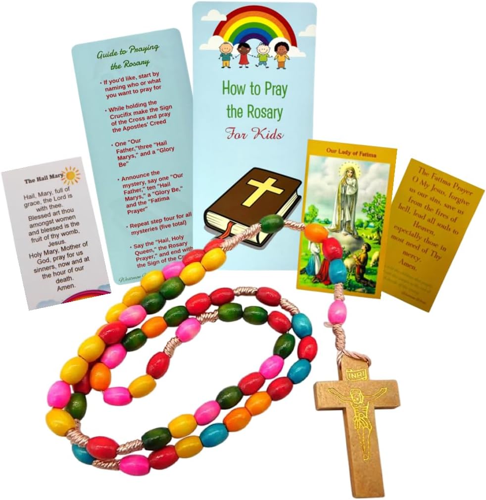 Westmon Works How to Pray the Rosary Complete Beginers Set with Wooden Beads Two Holy Cards and Large Easy Instruction Guide Students Pamphlet