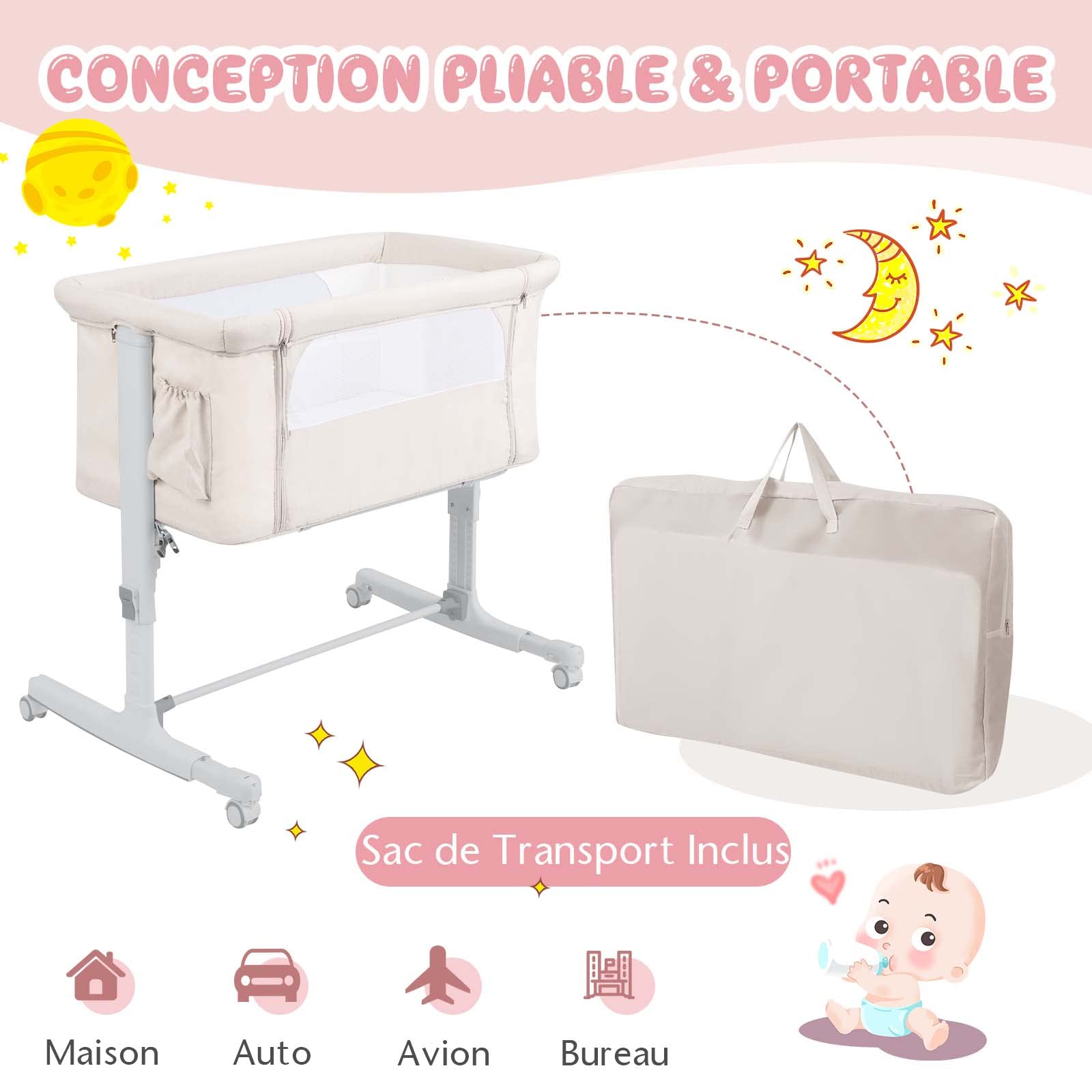 Lit Cododo Bébé 3 en 1 DREAMADE avec Matelas, Pliant, Hauteur Réglable, Roues avec Frein, Beige