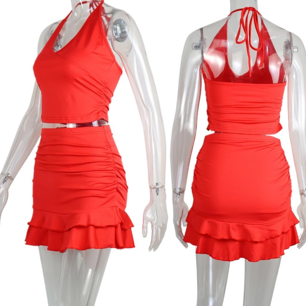 Womens High Stretchy 2 Piece Halter Top Ruffle Mini Skirt Set Y2k Summer Outfits 2025 - Image 6