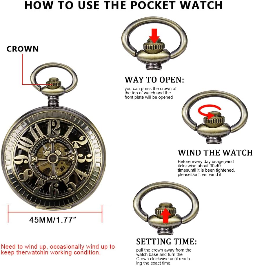 Bronze Retro Mechanical Pocket Watch Skeleton Roman Numerals Hollow Mechanical Pocket Watches with Box