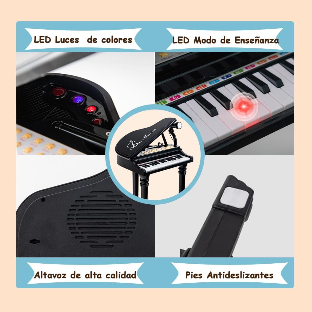 SOARS Piano de Cola Infantil 31 Teclas, Juguetes Musicales con Taburete, Piano Infantil Multifuncional con Micrófono y Luces para Guiar la Enseñanza, con Karaoke Modo, para Niños +3 Años (Negro)