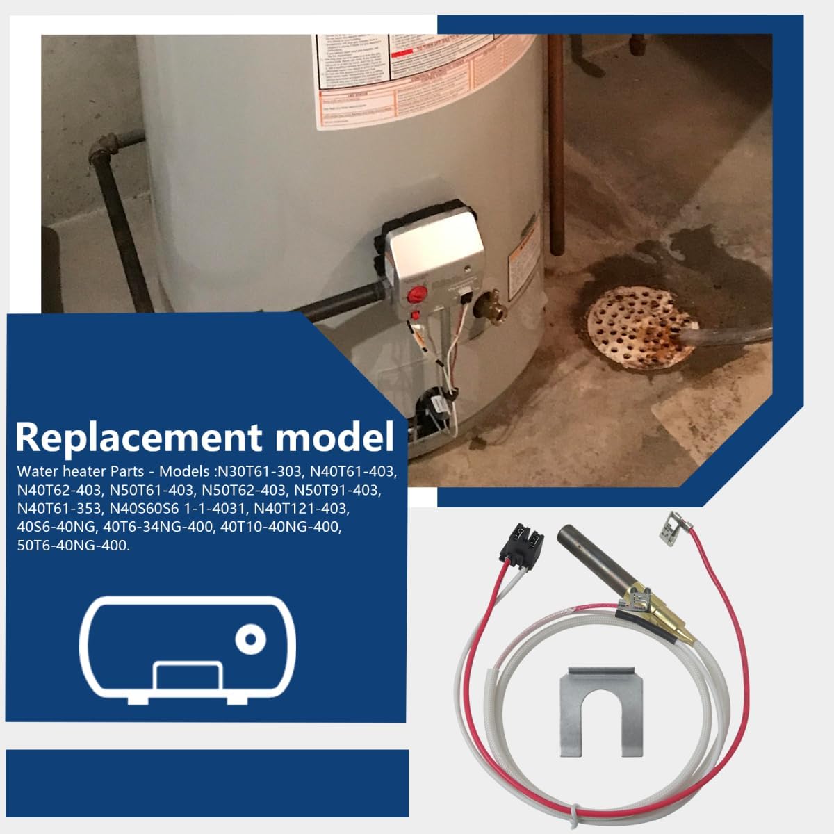 Water heater with pilot assembly area highlighted