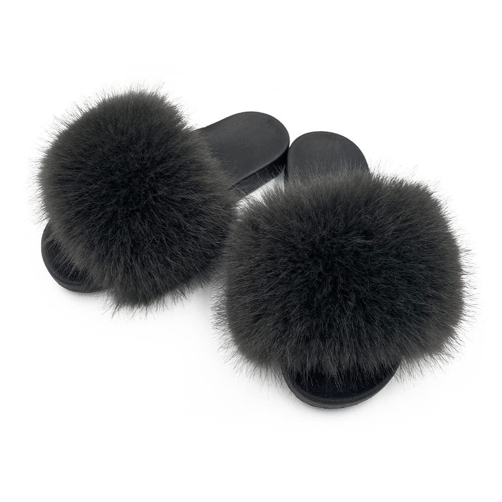 Women's Faux Fur Slides Slippers Fluffy Fuzzy Sandals Open Toe Furry Slide Flip Flop Indoor Outdoor