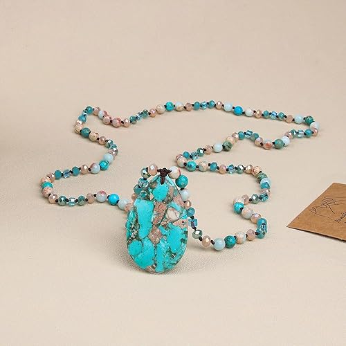 Miniatura 7 de Collares largos para mujer, bohemios, dije ovalado de turquesa con forma de gota de agua, cuentas de piedra natural, hecho a mano, vintage y