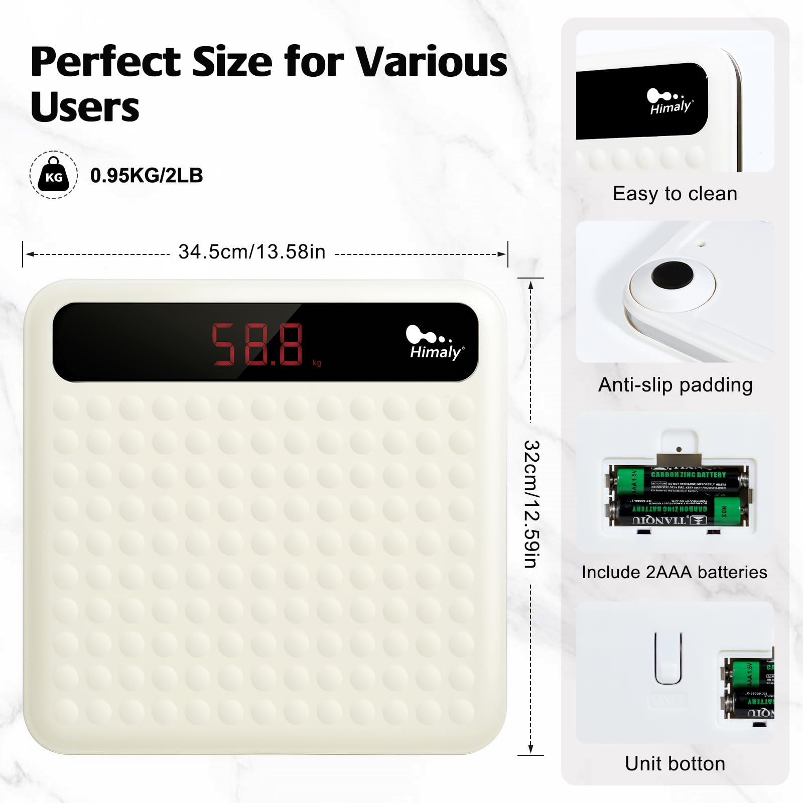 himaly Bilancia pesapersone digitale da bagno, tecnologia Step-On, ad alta precisione, con grande piattaforma in silicone antiscivolo e display digitale LCD, capacità 180 kg, colore: bianco