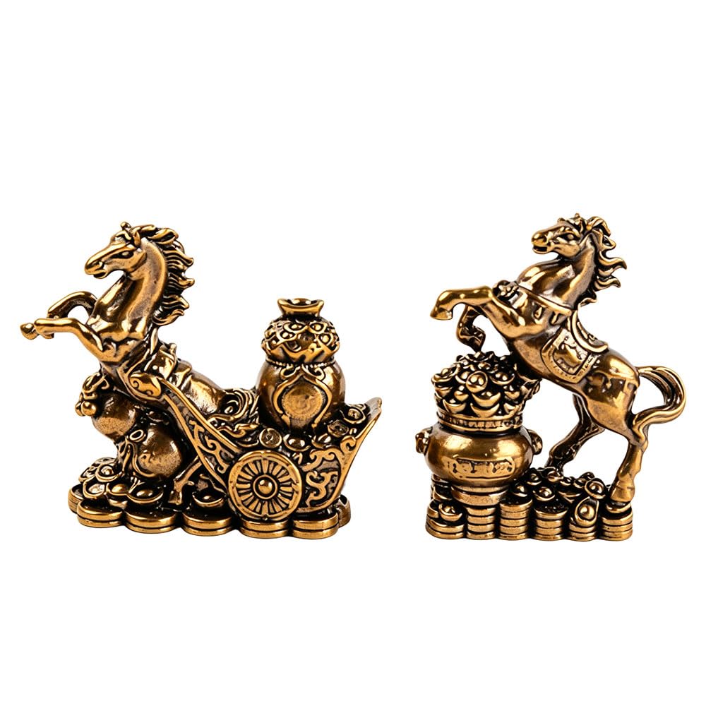 Jehoshaphat 2Pcs Vintage Brass Chinese Zodiac Horse Figurines, Wealth-Attracting Auspicious Static Charms, Compact Tabletop Collectibles for Multi-Style Room Interior & Seasonal Holiday Layout Styling