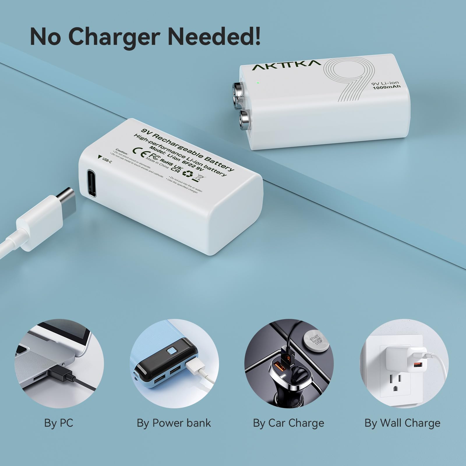 Pack da 2 Batterie al Litio Ricaricabili 9V da 1000mAh, con Cavo di Ricarica Type-C, Ideali per Dispositivi di Precisione come Multimetri Portatili, Rilevatori di Metalli e Tester di Cavi