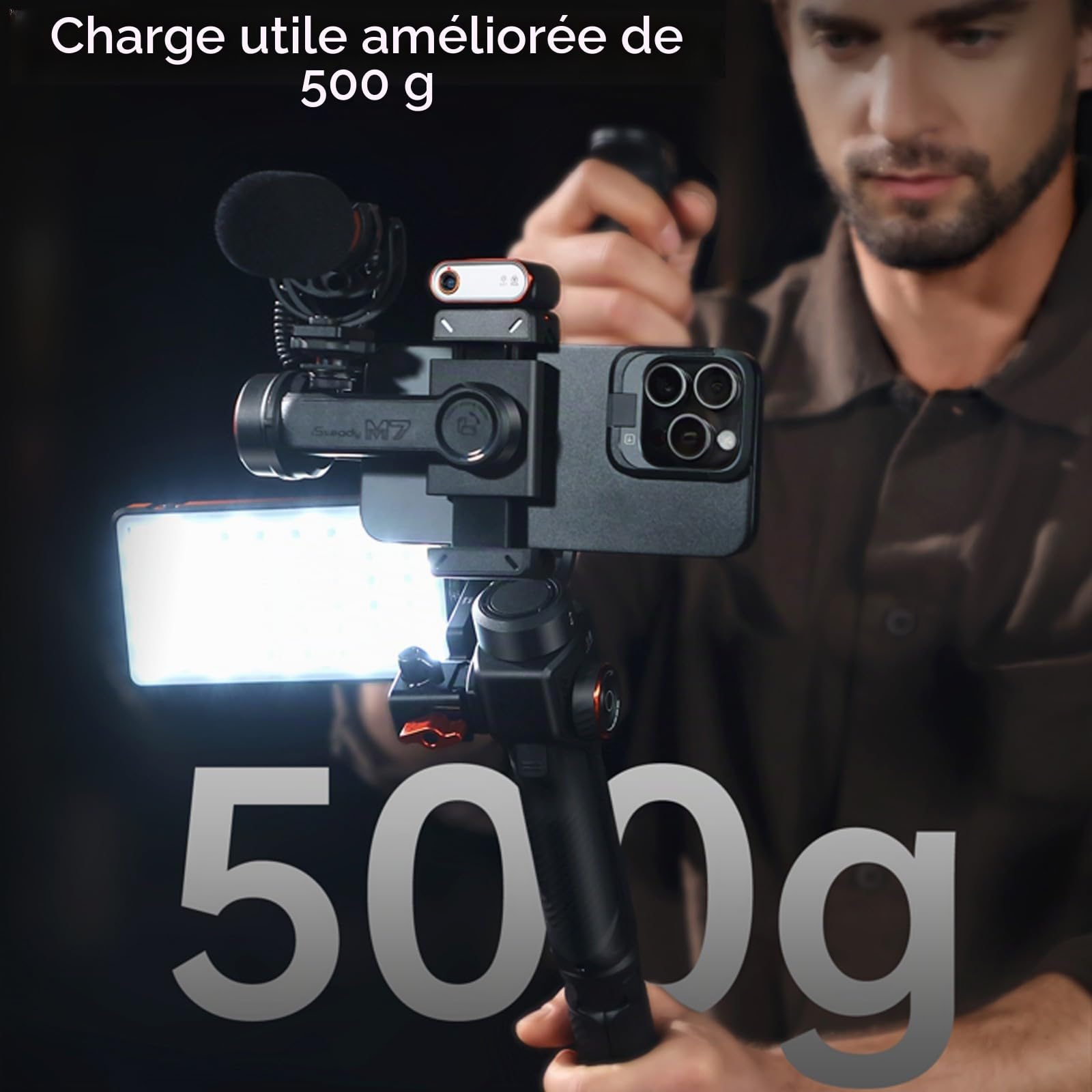 Hohem iSteady M7 Kit Gimbal Stabilisateur pour Smartphone, 3 Axes, Compatible avec iPhone et Android, Inclut une Tige d'Extension de 193 mm et une Lumière de Remplissage Réglable CCT et RVB