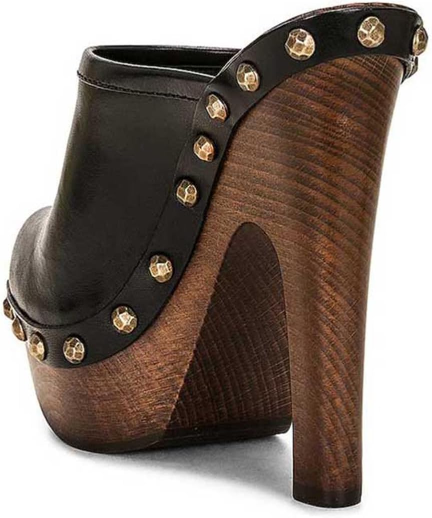 FSJ Women Closed Round Toe Mules Wooden Block High Heel Clogs Slip On Studded Platform Sandals Slide Shoes Size 4-16 US