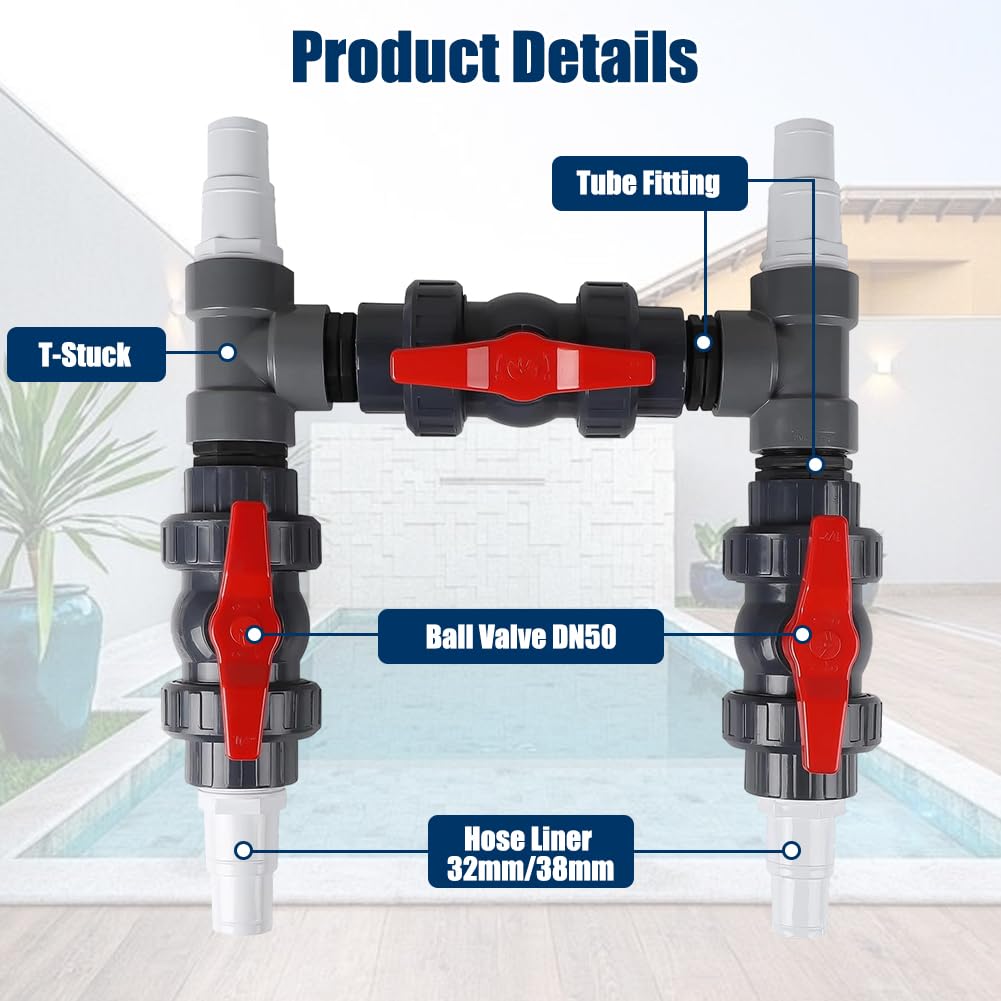 FARYODI Kit de dérivation pour piscine 50 mm, raccord de pompe à chaleur, pompe à chaleur avec tuyaux de 32 mm et 38 mm, chauffage de piscine pour une installation optimale