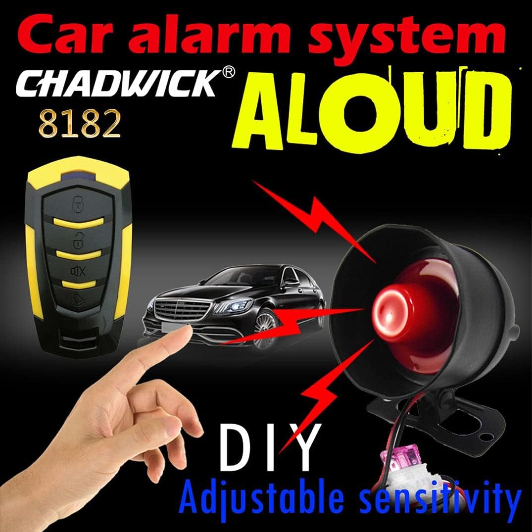 Image showing a person attempting to break into a car, with the car alarm siren flashing red and emitting sound waves. Text describes hierarchical trigger: slight vibration sounds for 5 seconds, repeated vibration sounds for 30 seconds with a 6-tone 20-watt loud siren.