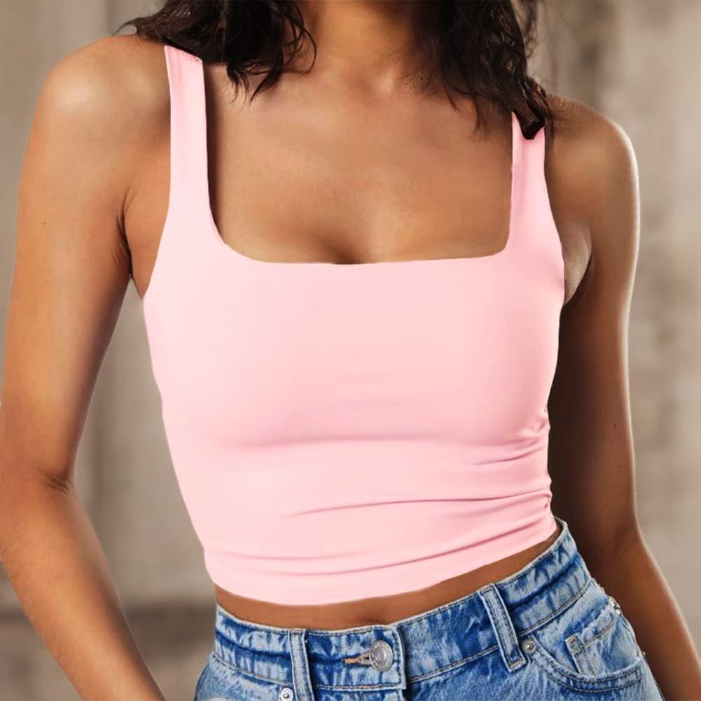 Artfish Women's Sleeveless Strappy Tank Square Neck Double Layer Workout Fitness Casual Basic Crop Tops - Image 8