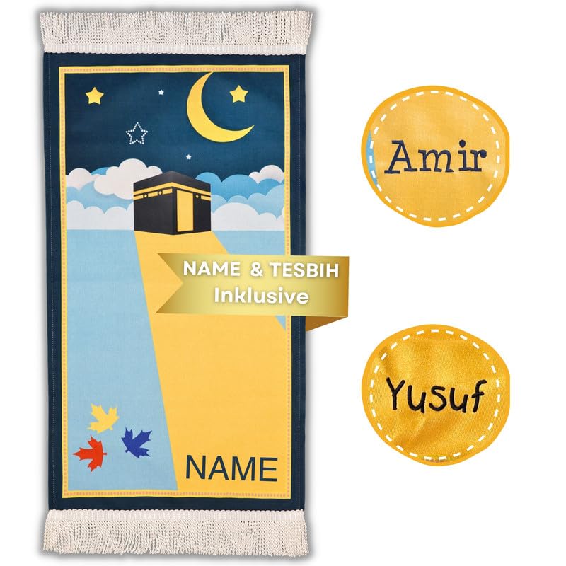 Imanpaper® - Kinder Gebetsteppich mit Namen inkl. Tesbih I Gebetsteppich Islam mit Gravur für Mini...