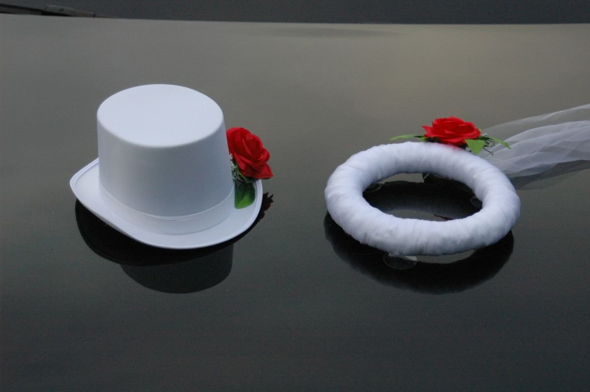 Autoschmuck Velo e Cappello Auto Gioielli Sposa Coppia Rose Decorazione Matrimonio Car Wedding Decorazione Auto (Rosso/Bianco)