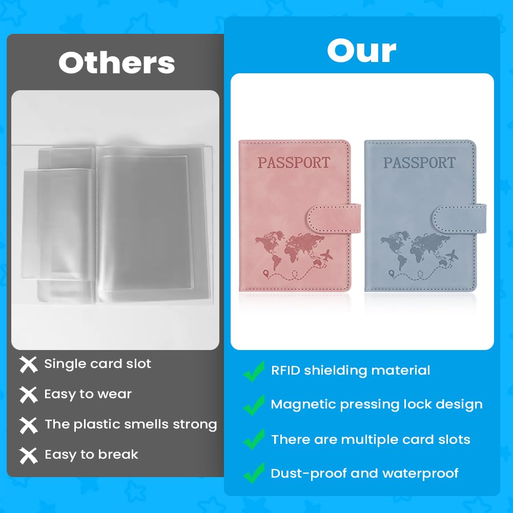 Protège Passeport,2 Pièces Couverture de Passeport avec Bloqueur RFID,Étui de Passeports en Cuir PU et Étiquette de Bagage pour Passeports, Cartes,Documents de Voyage(Rose)