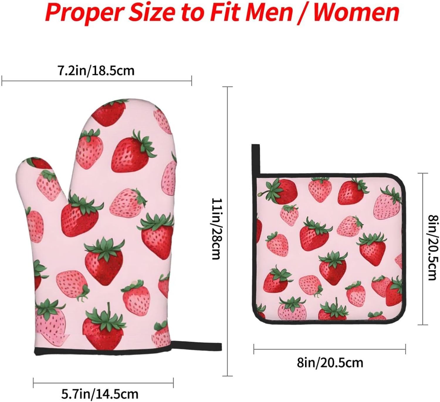 (Strawberry Pattern) Baking 4-Piece Set: 2 Oven Mitts and 2 Pot Holders Heat Resistant Waterproof Hanging Loop for Kitchen Oven Grill Housewarming Gifts