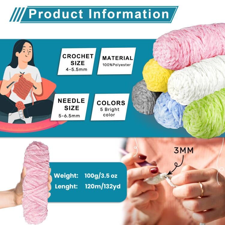 Crochet Yarn Chunky Yarn for Crochet Chunky Wool for Knitting 100g Balls x 4 Chenille Yarn Wool for Crochet Kits for Beginners Adults for Handmade Crafts Hats Blankets Scarves(Blue - Image 3