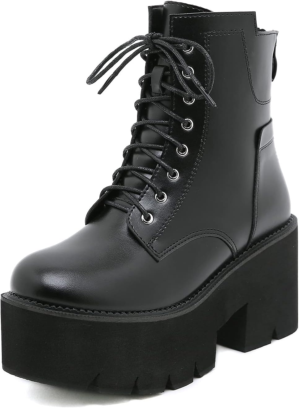 GooMaShoesWomen's Goth Black Chunky High Heel Lace Up Emo Platform Boots, Gothic Cosplay Grunge Combat Boots, Punk Rave Ankle Boots Platform Shoes