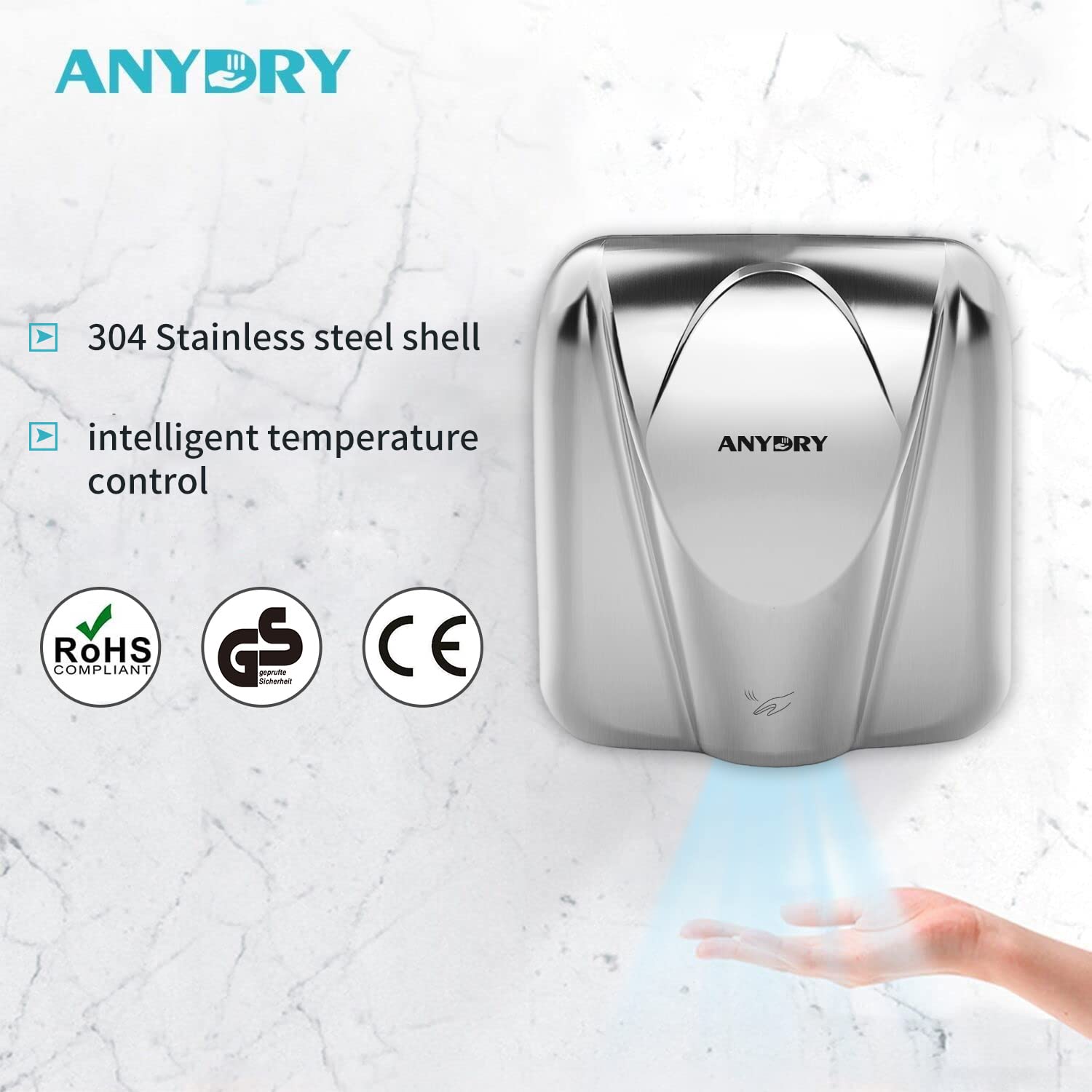 anydry 2812 Händetrockner für Gewerbe elektrischer Sensor Stilvolles Design Edelstahl-Finish schnelle Trocknung 7-10 Sekunden.1600W.(Brushed)
