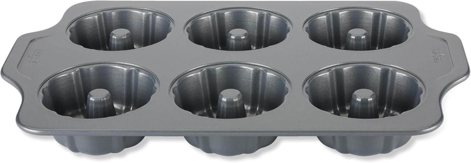 All-Clad Pro-Relelase Nonstick Bakeware, Mini Fluted Cake Pan, 6 Cup, Small Baking Molds, Chocoflan, Donuts, Cornbread, Brownies, Buntz Pound Cake, Durable Ceramic-Reinforced Non stick Coating, Grey