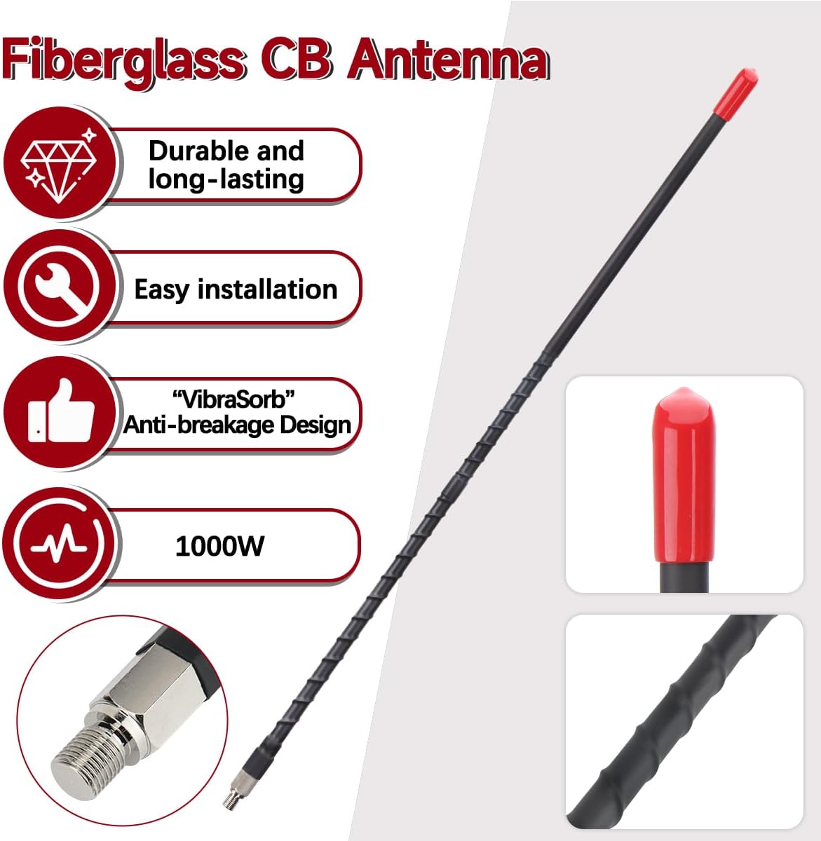 CB Radio Antenna 27MHz Whip Fiberglass Antennas Kit Heavy Duty 2’ Foot 24 Inch Black 1000 Watt Compatible with Vehicle Truck Car Mobile CB Radio