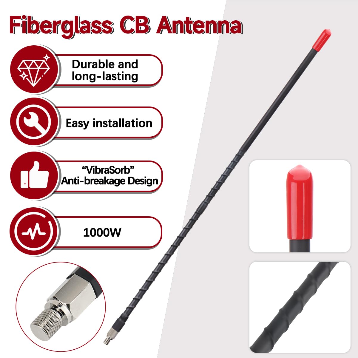 CB Radio Antenna 27MHz Whip Fiberglass Antennas Kit Heavy Duty 2’ Foot 24 Inch Black 1000 Watt Compatible with Vehicle Truck Car Mobile CB Radio