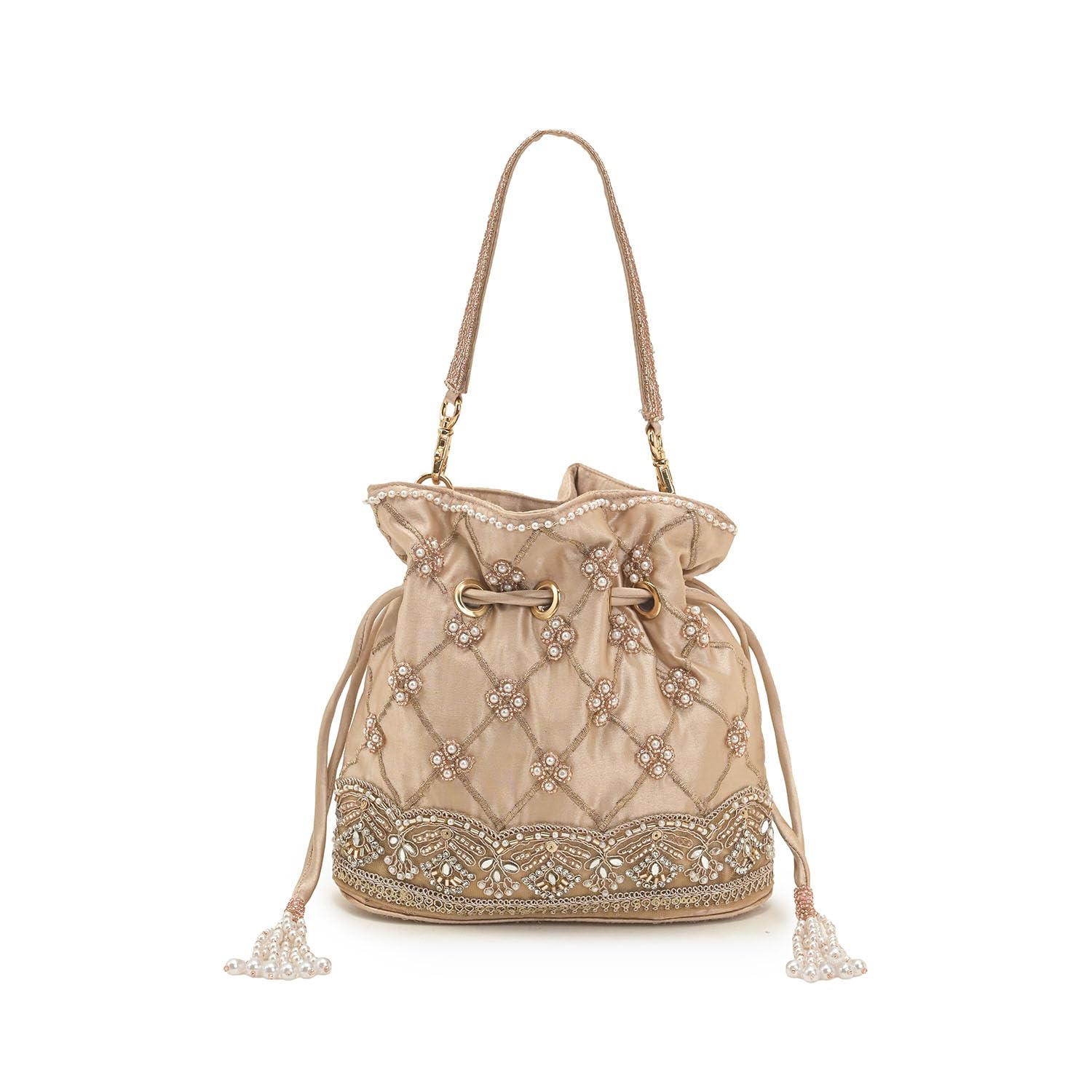 Royal Aurelia Potli Bag Elegant Women Handbag with Hand Embroidered Lattice Work Champagne Beige Satin Drawstring Bag with Beaded Tassels Detachable Handle Festive Wedding Party Clutch-image-34