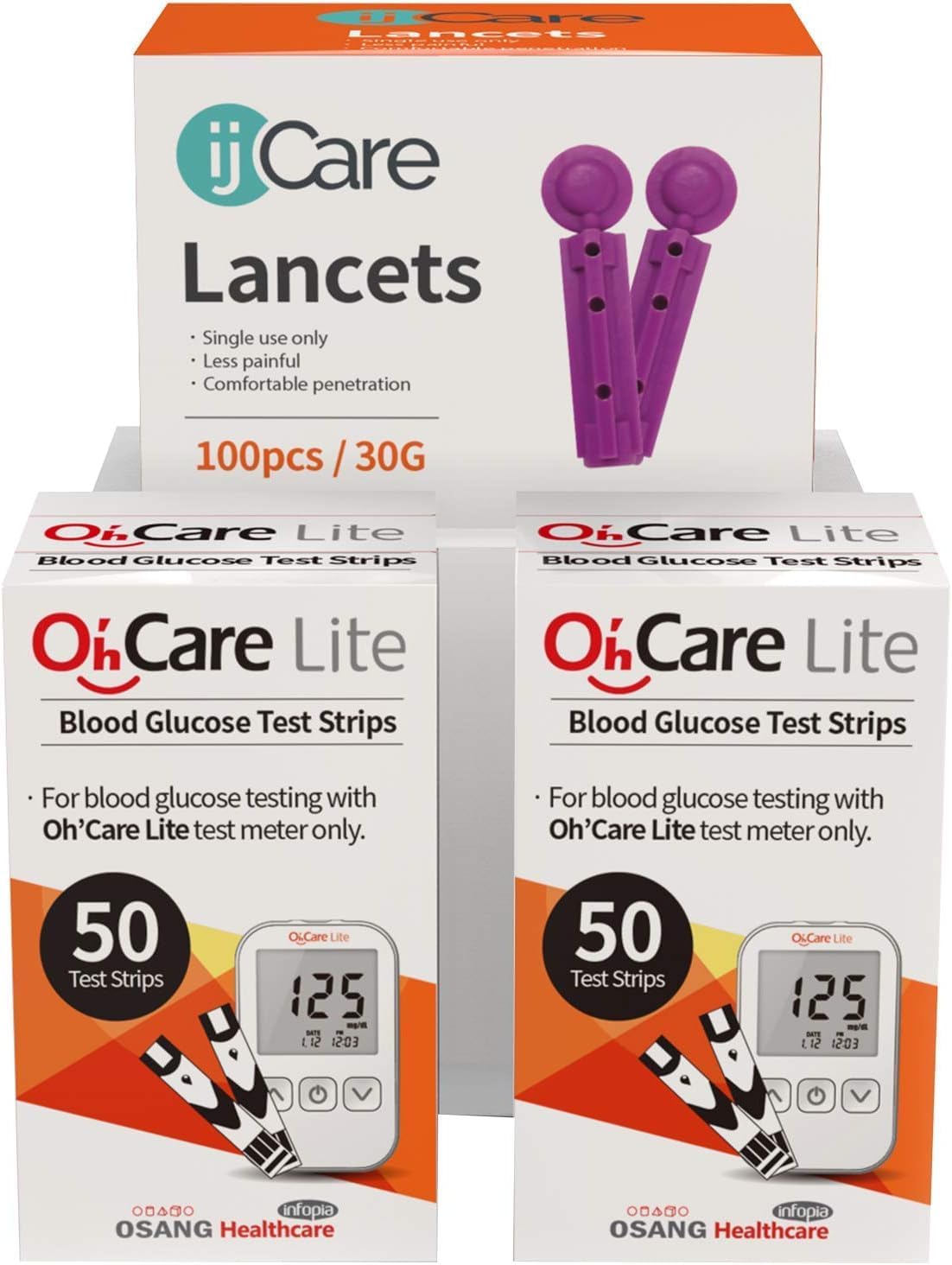 Oh’Care Lite Blood Sugar Testing Monitor – Glucose Test Strips and Lancets for for Blood Testing – Accurate and Affordable Diabetic Supplies (100 Strips + 100 Lancets)