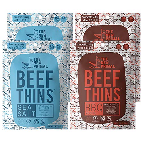 The New Primal Beef Thins, Thinly Sliced, Grass-Fed Beef Jerky, 4 Count Variety Pack (2 Sea Salt & 2 BBQ), 4 Ounce Total - Whole30 Approved, Gluten-Free, High Protein, 90 Calories Each