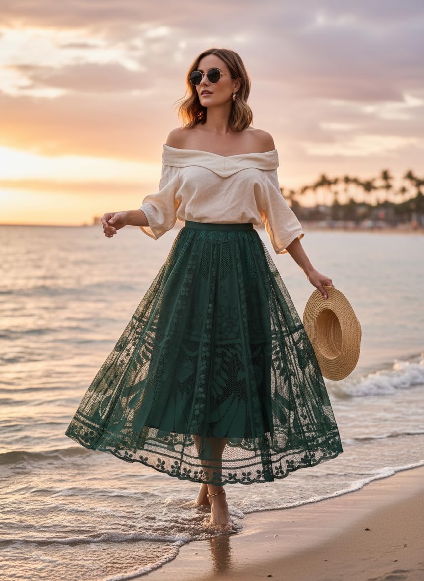 Womens A-Line Tulle Pleated Skirt Date Night Outfits Cocktail Garden Party Boho Casual Stage Performance Theme Party - Image 4