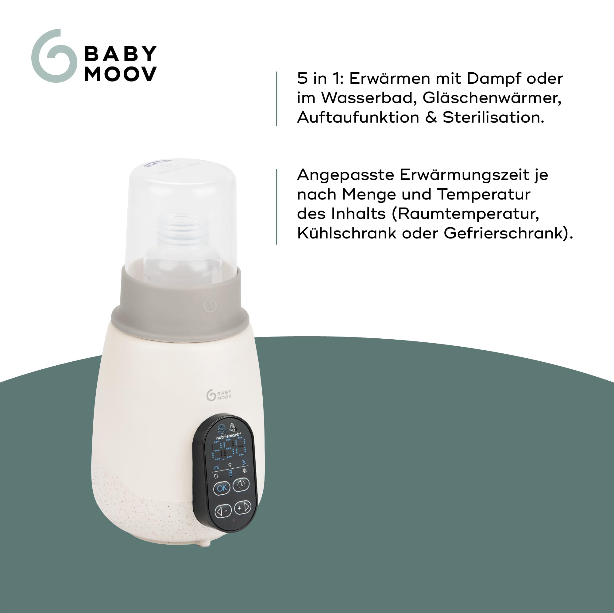 Babymoov Flaschenwärmer Baby NutriSmart+ - Tragbar, Programmierbar, für Zuhause & im Auto mit Adapter, Warmhaltefunktion für 1 Stunde, Sterilisator, ideal für Muttermilch, Babynahrung & Fläschen