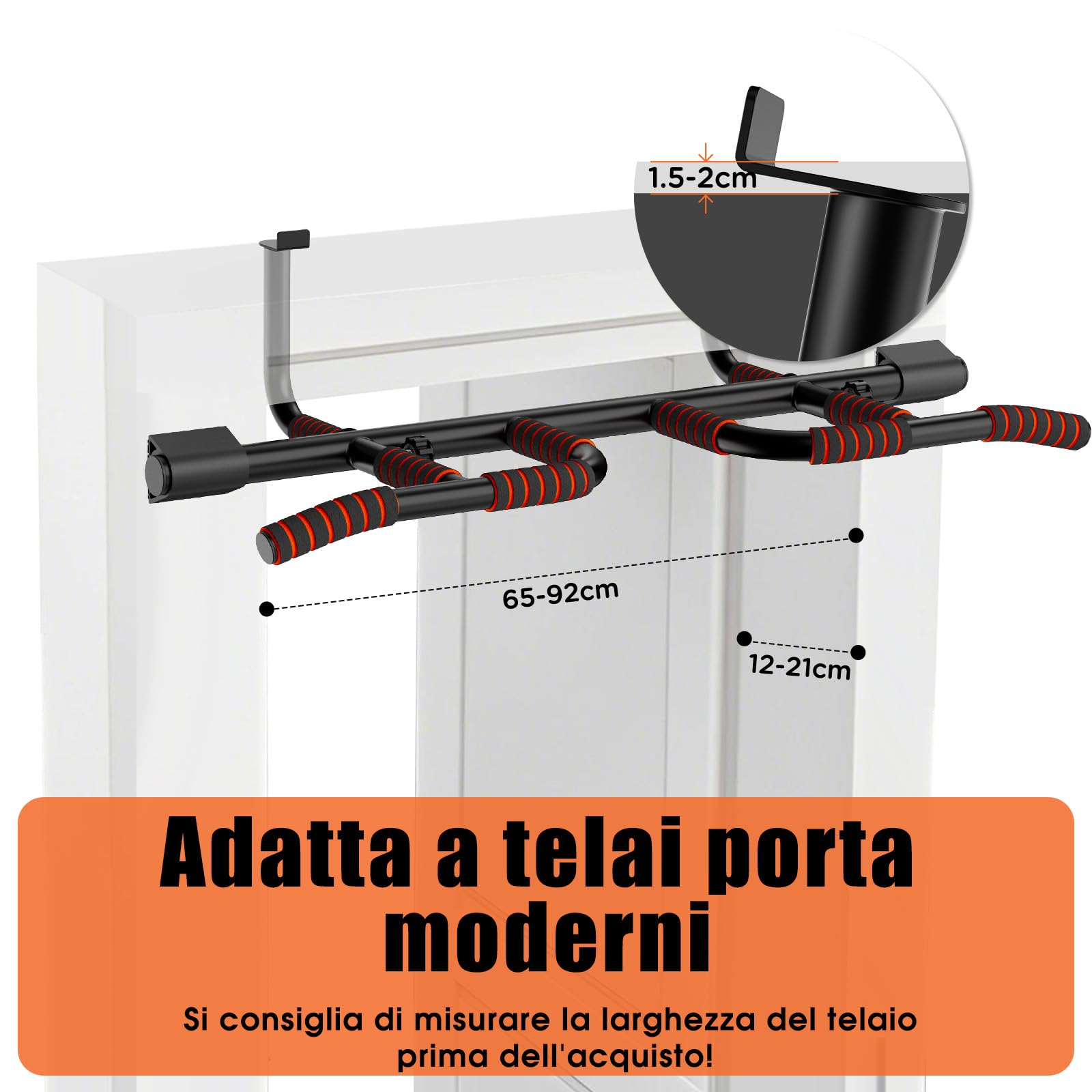 DH FitLife Barra per Trazioni da Porta senza Viti | Sbarra Trazioni Antiscivolo con Prese Multiple | Pull Up Bar da Appendere | Per Telai da 65 a 92 cm