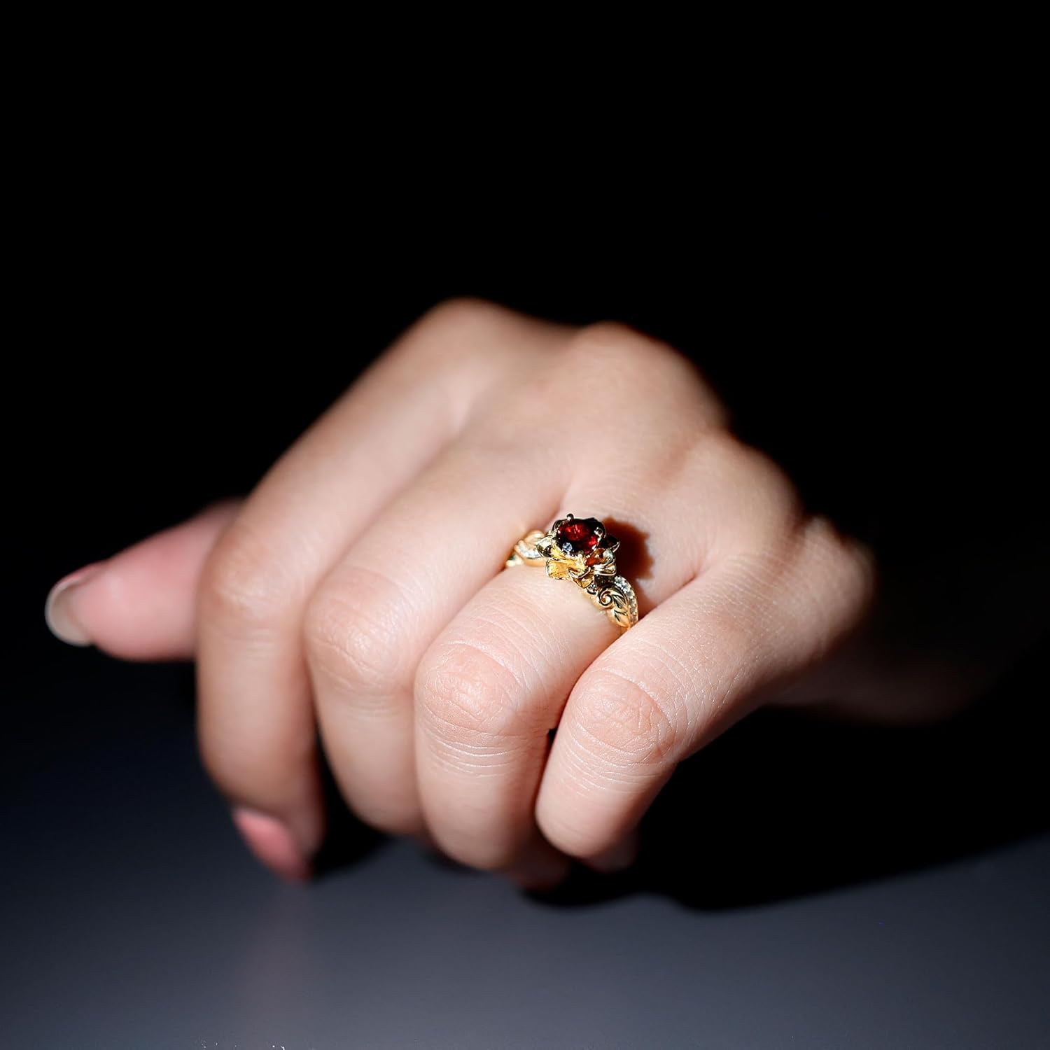 Genuine Garnet Rose Flower Engagement Ring in Yellow Gold Plated Silver, Aaa Quality - Unique Gift For Women - Image 4