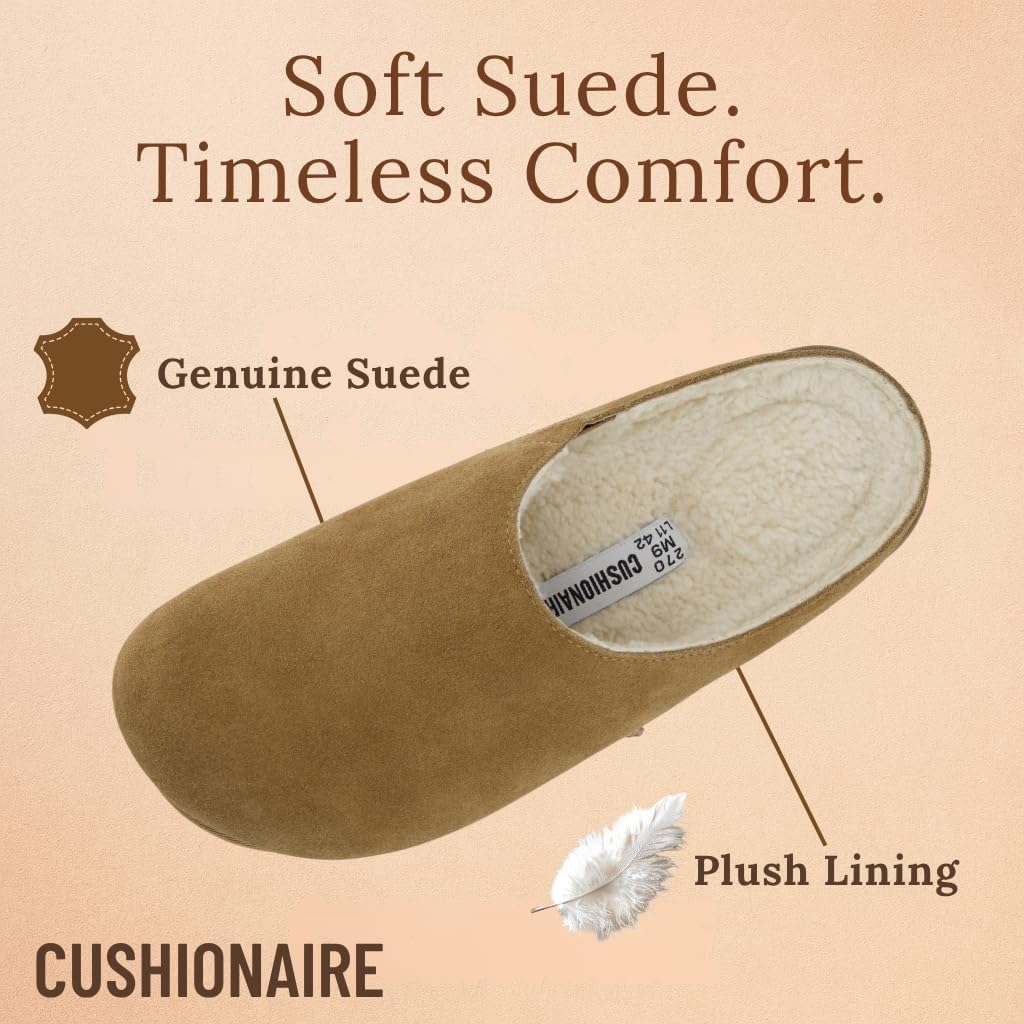 CUSHIONAIRE Heath Genuine Suede Cozy Mens Slippers – Faux Fur Clog House Shoes with Memory Foam, Indoor Outdoor Slippers for Men