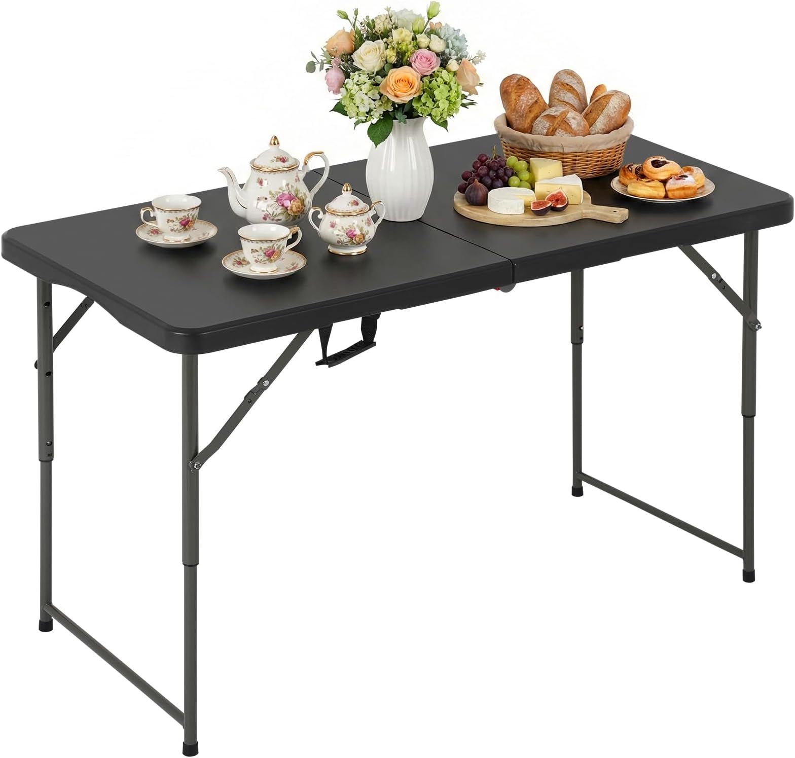 Folding Table, 4 FT Heavy Duty Plastic Foldable Table with Carrying Handle, Adjustable Height Portable Party Tables for Garden Party Picnic Camping BBQ Dining Kitchen Wedding Market Events (Black)